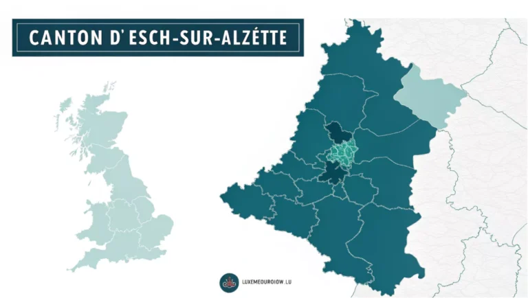 Carte du canton d’Esch-sur-Alzette au Luxembourg avec ses communes, illustration informative