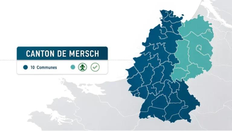 Carte du canton de Mersch au Luxembourg avec ses communes et un style graphique moderne.
