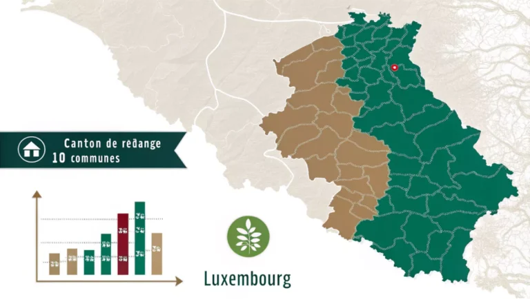 Carte du canton de Redange au Luxembourg avec ses communes et paysages naturels.