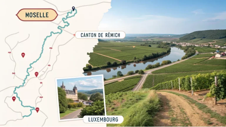 Carte du canton de Remich au Luxembourg avec ses communes et ses vignobles de la Moselle.