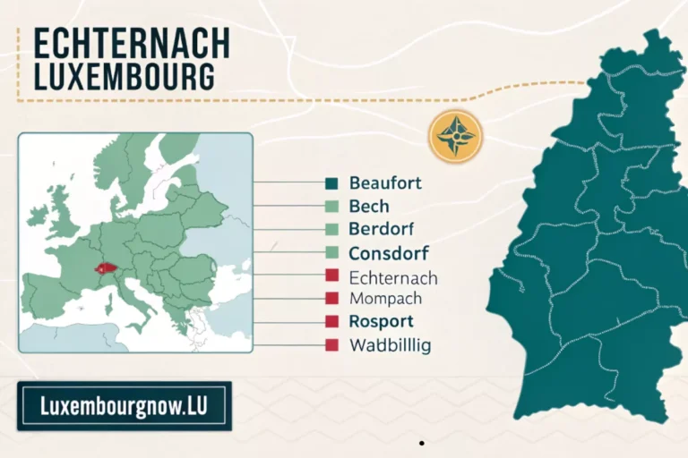 Carte du canton d’Echternach au Luxembourg avec ses communes, illustration informative et moderne.