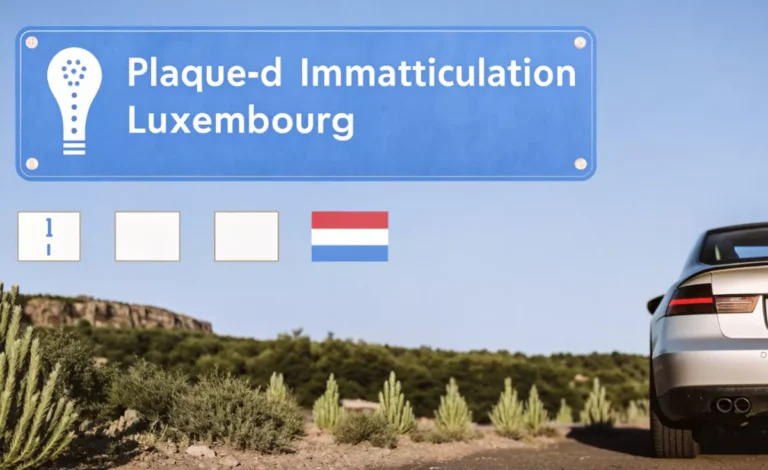 Plaque d’immatriculation officielle au Luxembourg avec drapeau national et formats de numéros.