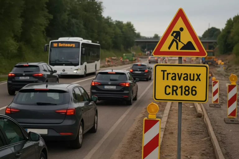 Embouteillage sur la route CR186 entre Bettembourg et Luxembourg avec un bus et un panneau de travaux