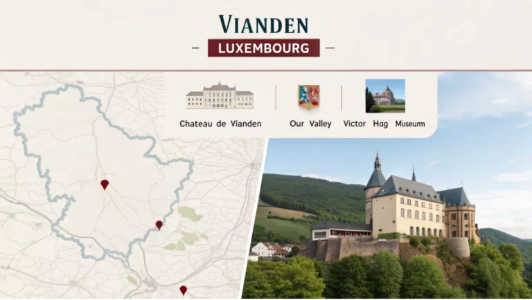 Carte du canton de Vianden Luxembourg avec ses attractions touristiques et culturelles principales.