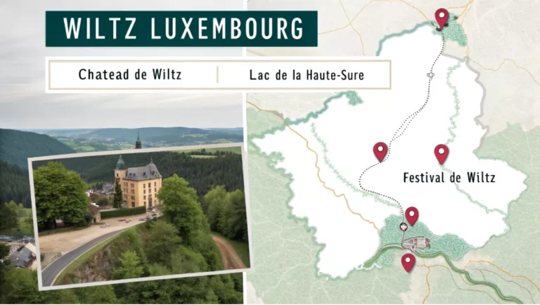 Carte du canton de Wiltz Luxembourg avec ses principales attractions touristiques et culturelles.