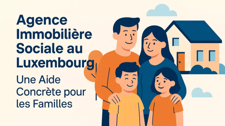 Illustration d’une famille luxembourgeoise devant une maison avec un agent, représentant l’aide des agences immobilières sociales pour le logement