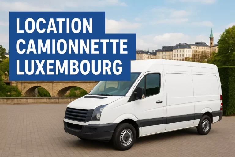 Camionnette blanche en location au Luxembourg devant des bâtiments historiques