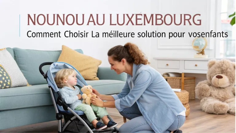 Image chaleureuse et accueillante d'une nounou interagissant avec un tout-petit et un nourrisson dans un salon confortable, illustrant comment choisir la meilleure nounou au Luxembourg pour vos enfants