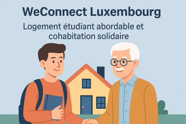 Illustration d’un étudiant et d’un hôte luxembourgeois partageant un logement grâce à WeConnect, dans un esprit de solidarité intergénérationnelle
